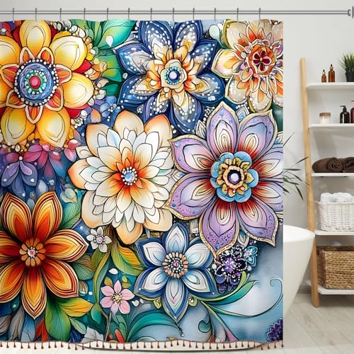 Longan Craft Boho Floral Shower Curtain with Tassels, Modern Farmhouse Mandala Flower Shower Curtain for Bathroom 72x72 Inch Waterproof Fabric with 12 Hooks Bohemian Country