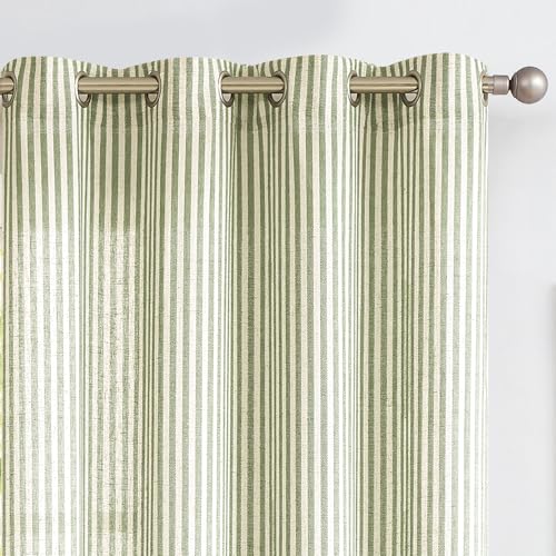 Vangao Linen Blend Stripe Curtains Tickingstripe Light Filtering Window Curtains Green Pinstripe Printed on Beige Drapes 96 Inches Long for Living Room Bedroom Grommet Top 2 Panels