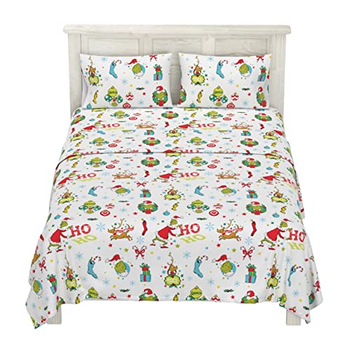 Franco Grinch by Dr. Seuss Holiday & Christmas Bedding Super Soft Flannel Sheet Set, Queen, (Official Dr. Seuss Product)