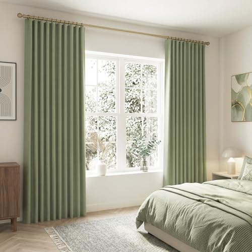 SHINELAND Sage Green Blackout Curtains Back Tab/Rod Pocket 102 Inches 2 Panels Long Room Darkening Thermal Insulated