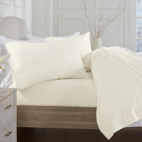 Market & Place 100% Turkish Cotton Flannel Sheet Set - 4 Piece Deep Pocket Solid Cozy Winter Bed Sheets - Double Brushed for Extra Softness & Comfort - Chalet Collection (Full, Ivory)