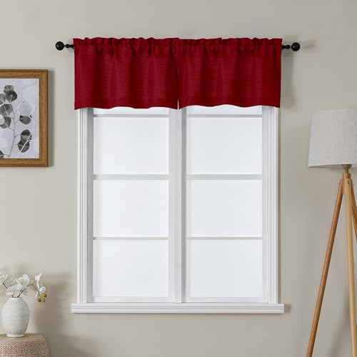 "Lecloud Bessie Christmas Red Valances 14 Inch Length 2 Pcs, Festive Light Filtering Faux Linen Curtains, Retro Dual Rod Pocket Airy Curtains for Cafe Bedroom Kitchen Living Room, Each 30"" W x 14"" L"