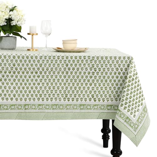 CPC Emerald Green Floral Hand Block Printed 100% Cotton Tablecloth 60x108 Rectangular Reusable and Washable Boho Dining Table Cloth Thanksgiving