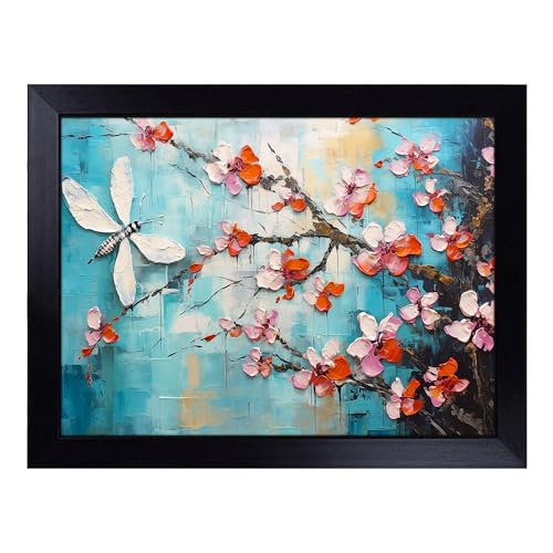 Lap Tray with Bean Bag Cushion, Dragonfly Palette Knife - Handmade in the UK, Raised Wooden Edge, Padded Cushion, Heat-Resistant Wipe-Clean Surface, for Meals, Laptops and Crafts