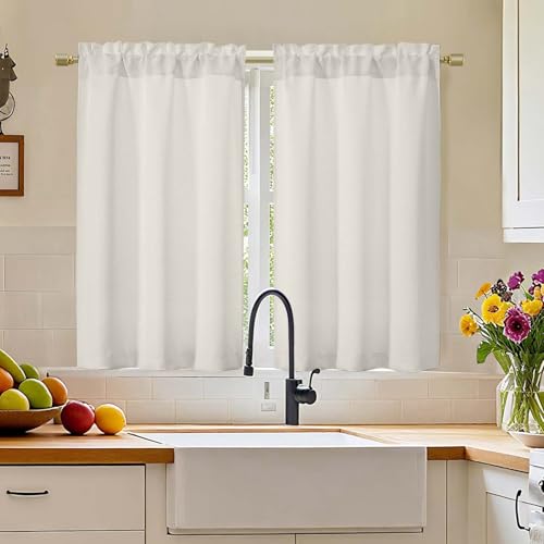 "Simplebrand Natural Blackout Curtains 45 inch Length 2 Panels, Thermal Insulating Energy Saving Tiers Drapes with Rod Pocket, Small Window Drapes Black Out Bathroom Laundry Room RV, Each 30"" Wx45 L"