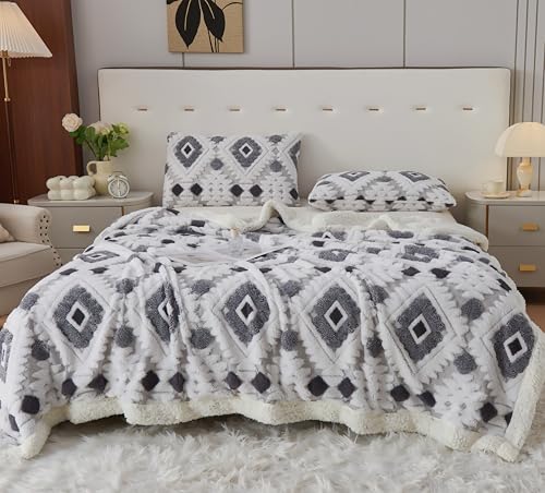 LEVINIS Bohemian Sherpa Throw Blanket 60'' ?? 80'', Sherpa Fleece Blanket for All Season, Southwestern Aztec Blankets for Bed/Couch/Sofa/Office/Camping, Grey
