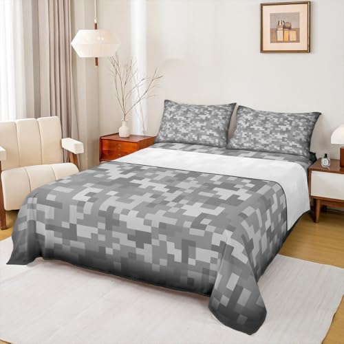 Castle Fairy Grey Pixel Grid Bed Sheet Twin Size,Miner Video Games Bedding Sets 3Pcs for Kids Girls Boys Teens Room Decor,Abstract Camouflage Fitted Sheets Geometry Grid Top Flat Sheet,1 Pillowcase
