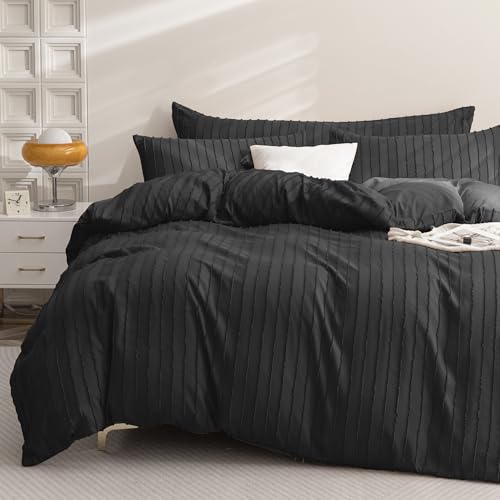 JELLYMONI Black Duvet Cover Queen Size Bedding - 3PCS Microfiber Tufted Duvet Cover Set, Boho Striped Tufted Textured Duvet Cover with Corner Ties & Zipper Closure