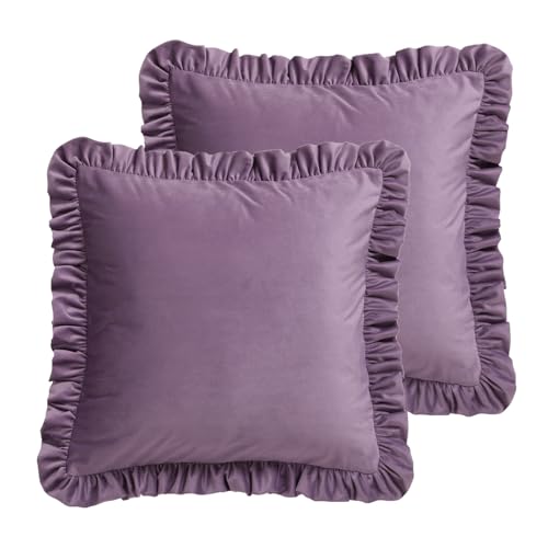"bilin gaier Designer Velvet Solid Throw Pillow Cover,Set of 2,18""x18"" - French Square Light Purple Pillow Cover with Ruffles,Concealed Zipper Design,Sofa,Bedroom,Living Room,Lounge Chair"