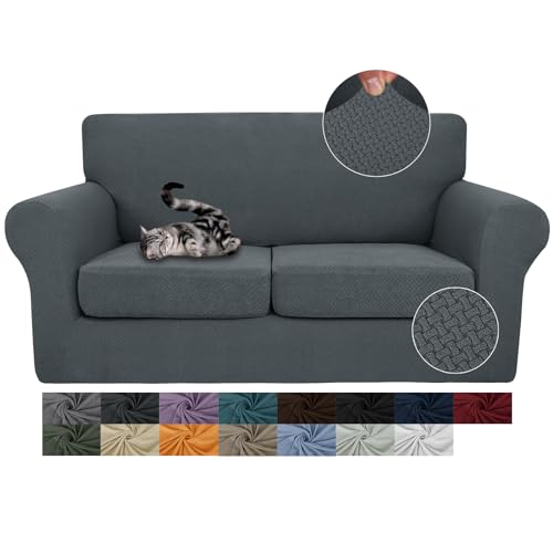 JIVINER 3 Pieces Stretch Couch Covers for 2 Cushion Couch Fitted Thick Loveseat Sofa Slipcover with 2 Seat Cushion Covers for Living Room Pet Dogs (Loveseat, Dark Gray, Medium)