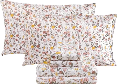 "Viviland Floral Queen Sheet Set 4 Pieces Pink and Yellow Flower Bed sheet Soft Breathable Brushed Microfiber Bedding Sheets & Pillowcases Wrinkle Free Fitted Sheets with 15"" Deep Pocket for Queen Size"
