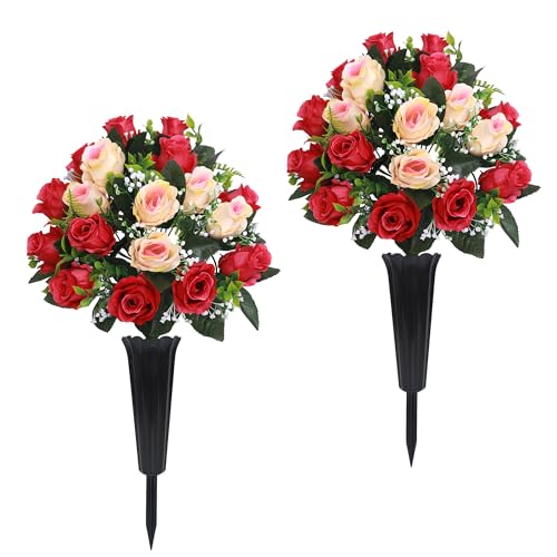 Lodou Set of 2 Artificial Cemetery Flowers, Memorial Flowers Bouquet,Grave Memorial Flowers with Vase for Cemetery Headstones Decoration (Rose red Beige)