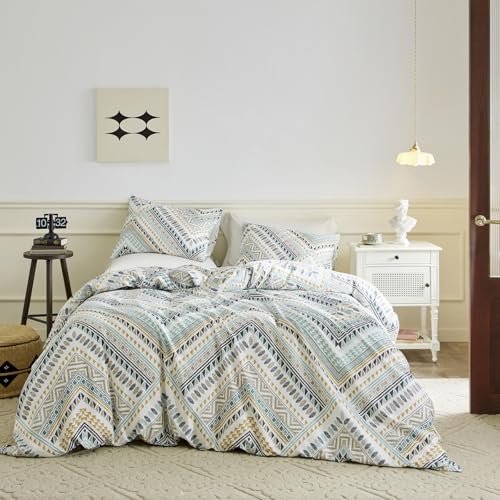 SUSYBAO Triangle Patterned Duvet Cover King 100% Cotton 3 Pieces Set 1 Vintage Boho Aztec Duvet Cover with Zipper Ties 2 Pillowcases Southwestern Yellow Green Bohemian Bedding Set Soft