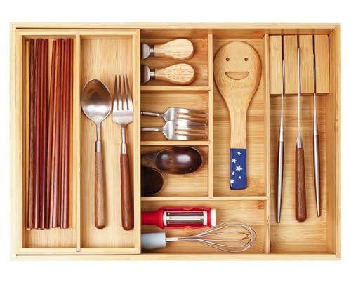 COIWAI Double layer Bamboo Silverware Drawer Organizer Kitchen, Utensil Silverware Organizer, Cutlery Tray, With Removable Utensil Tray, With Knife Block, Flatware Organizer Multi-use storage box