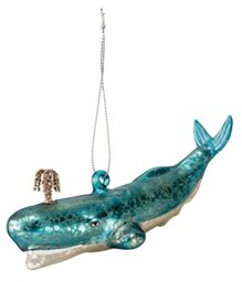 Primitives by Kathy Blue Whale With Silver Spout Glass Christmas Holiday Ornament 5.5 Inches