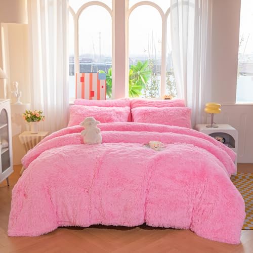 chovy Faux Fur Plush Pink Comforter Sets Twin/Full Size - Ultra Soft Shaggy Flannel Velvet Fluffy Fuzzy 3PC Bedding Set ???Comforter x 1 Pillowcases x 2???