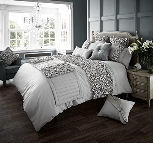 Gaveno Cavailia Fancy Frill Double Duvet Set Verina Silver, Luxury Elegant Bedding, 3 Piece Cotton Blend Reversible Bedlinen, Easy Care DuvetCover Bedset, 1 Quilt Cover and 2 Pillow Cases