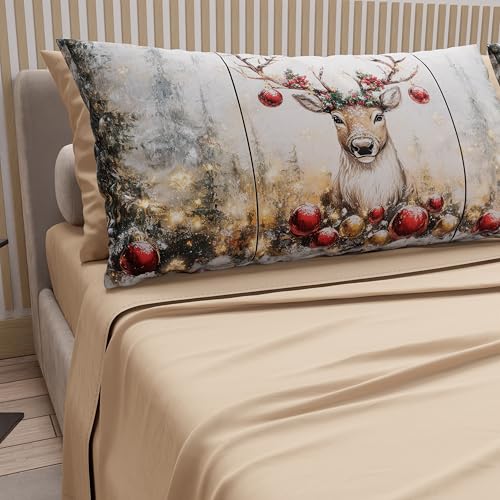 PETTI Italian Artisans - Cotton Sheets with Christmas Digital Print Pillowcases, Christmas Double Sheets, Maxi Double Bed Set, Dove Gray Reindeer, 100% Made in Italy