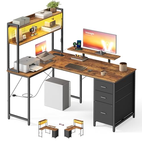 VASAGLE L-Shaped Computer Desk with LED Lights and Power Outlets, Corner Gaming Desk with 3 Drawers and Monitor Stand, 140 x 100 x 150 cm, Rustic Brown and Black, Barnet Collection LWD162K102