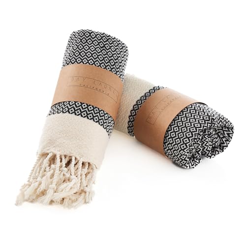 BAY LAUREL Turkish Hand Towel ??? Pack of 2 - Soft & Absorbent Decorative Towels for Bathroom, Hand, Face, Hair, Gym, Yoga, SPA, Kitchen & Tea (Black, Diamond 15x26 Inches (Set of 2))
