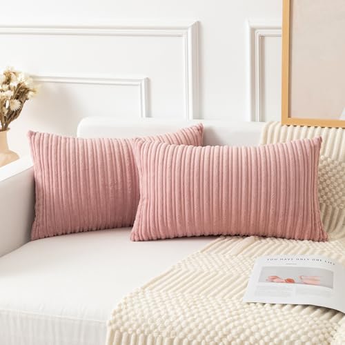 Kevin Textile 2 Pack Striped Corduroy Oblong Throw Pillow Covers 12x20 inches Valentines Day Gifts Cushion Cases for Lumbar Chair Car Bed, 30cm x 50cm, Baby Pink