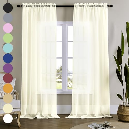 "MYSTIC-HOME Sheer Curtains 84 Inches Long, Rod Pocket Sheer Drapes Bedroom, 2 Panels, Semi Crinkle Voile Window Treatments Parlor, Beige, 52"" Wx84 L"