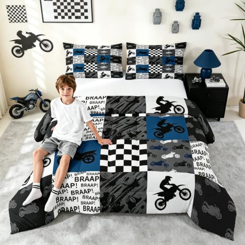 Dirt Bike Comforter Set King Size Black Grey Blue Motocross Rider Bedding Set Kids Boys Teens Men Bedroom Racing Themed Patchwork Grid Quilt Set Fashion Motorcycle Silhouette Duvet Insert 3pcs