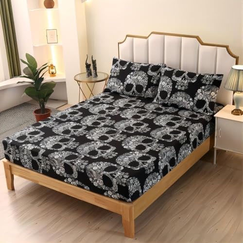 SDIII 3PCS Goth Skull Queen Fitted Sheet Set, 1 Fitted Sheet and 2 Pillowcases, Excluding Flat Sheet, Bed in a Bag Goth Bedding Sheet, Gothic Fitted Sheet Queen on Amazon