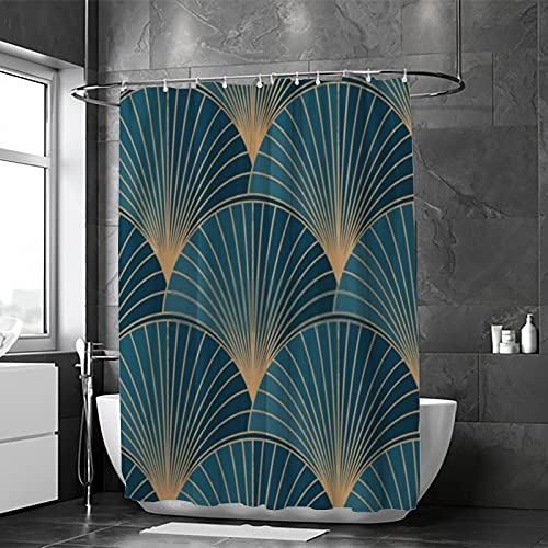 Kuizee Bathroom Shower Curtain 60 x 72 Inch with 12 Hooks Golden Elements Blue Art Deco Style Bathtubs Polyester Waterproof Shower Curtains Set Fabric Decor Easy Install