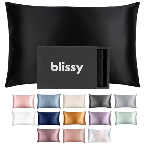 BLISSY Silk Pillowcase - 100% Pure Mulberry Silk - 22 Momme 6A High-Grade Fibers - Satin Pillow Cover for Hair & Skin - Regular, Queen & King with Hidden Zipper, Black