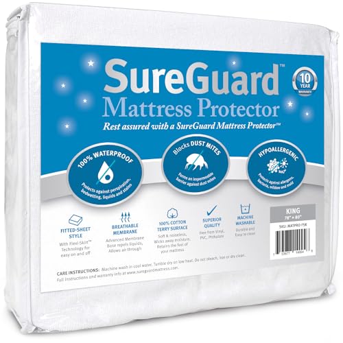 SureGuard King Size Mattress Protector - 100% Waterproof, Hypoallergenic - Premium Fitted Cotton Terry Cover