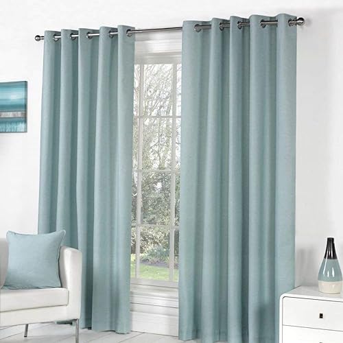 "Fusion Sorbonne Duck Egg Blue Eyelet Curtains – W168 x L229cm (66x90"") – 2 Panels – 100% Cotton – Thermal Lined Drapes – Plain Modern Curtains for Bedroom & Living Room – Soft Stylish Window Dressing"