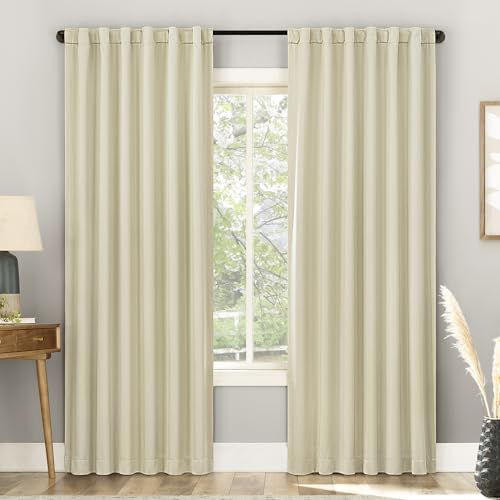 "Sun Zero Belize 2-Pack Magnetic Closure Pleated Look Theater Grade 100% Blackout Back Tab Curtain Panel Pair, 52"" x 96"", Cream"