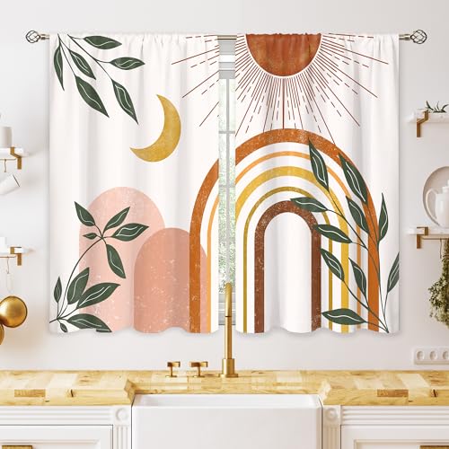 oolygoo Mid Century Abstract Boho Small Kitchen Curtains Leaf Sun Minimalist Window Treatment Modern Cafe Short Window Curtains for Bathroom Dining Room Geometric Tier Treatment Drapes 27.5x39 inch