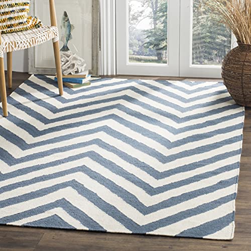 Safavieh Contemporary Indoor Flatweave Rectangle Area Rug, Dhurrie Collection, DHU568, in Blue / Ivory, 122 X 183 cm for Living Room, Bedroom or Any Indoor Space