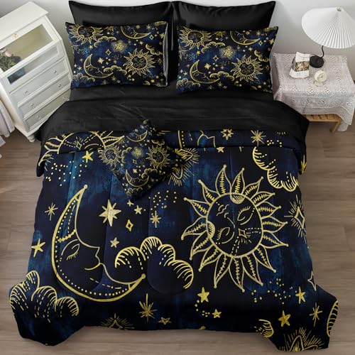 Merryword 8 Pieces Universe Bed in a Bag Sun and Moon Comforter Set California King Size Galaxy Bedding Blue Gold Moon Star Pattern Bohemian Gothic Comforter Set for Boys Girls Women
