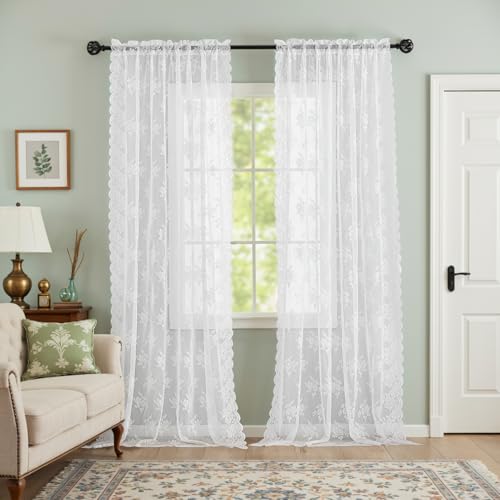 Kotile White Lace Curtains 96 Inches Long 2 Panels, Country Rustic Floral Design Scalloped Lace Curtain Panels for Living Room, Rod Pocket Privacy Sheer Lace Curtains, 42 x 96 Inch Each, White