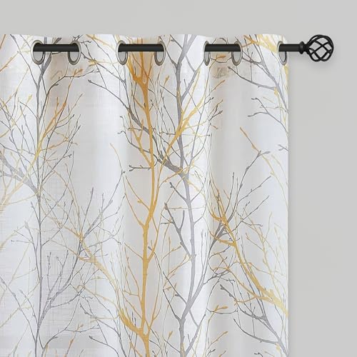 Fmfunctex Branch Print Semi-Sheer Curtains for Living Room 63” Yellow and Grey on White Linen Textured Window Drapes for Bedroom Grommet Top 50” Width x 2 Panels