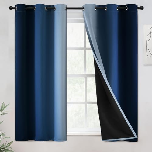 Yakamok 100% Blackout Ombre Blue Curtains 54 inches Long for Bedroom - Room Darkening Curtain for Living Room Grommet Light Blocking Thermal Insulated Gradient Drapes???2 Panels???42W x54L