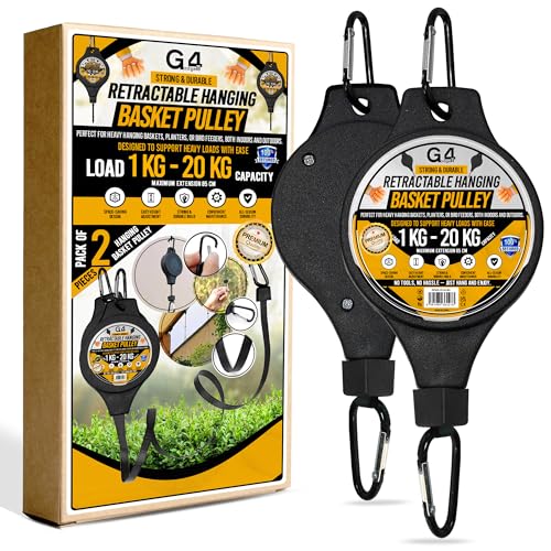 G4GADGET 2 Pack Hanging Basket Pulley Hooks ??? Adjustable Plant Hanger Pulley for Hanging Basket, Bird Feeder ??? Heavy Duty Retractable Garden Pulley System, Max Load 20kg