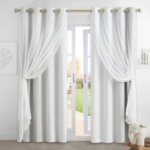 Geomoroccan Ombre 100% Blackout Curtains Bedroom Grey White 52x84 2 Panels - Double Layer Sheer Overlay Room Darkening Drapes with Tiebacks for Kids Room Living Room 84 Inches Long Thermal Grommet