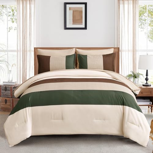 Anibedding Striped Comforter Set Full Size, Boho Brown Green Striped Bedding Comforter Set 7 Piece Bed in a Bag, Soft Microfiber Down Alternative Farmhouse Bedding Set for All Season(78''x90'')