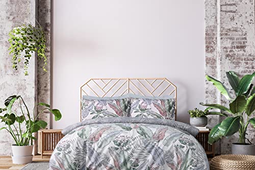 Sleepdown 100% Pure Cotton Leaf Floral Multi Tropics Grey Reverisble Duvet Cover Quilt Pillow Case Bedding Set Soft Easy Care - Single (135cm x 200cm)