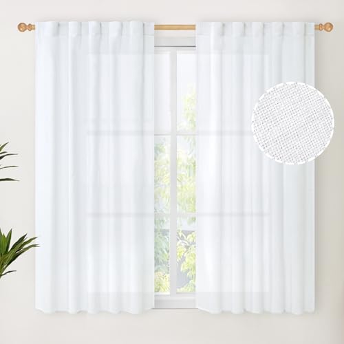 YoungsTex White Linen Semi Sheer Curtains 48 Inch Length 2 Panels - Short Drapes with Rod Pocket Back Tab Privacy for Bathroom Living Room Window Light Filtering, 42 X 48 Inch