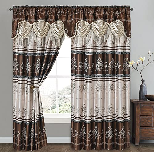 "GOHD Golden Ocean Home Decor Harmony Horizon. Jacquard Window Curtain Panel Drape with Attached Fancy Valance. 2pcs Set. Each pc 54"" Wide x 90"" Drop with 18"" Valance. (Brown)"