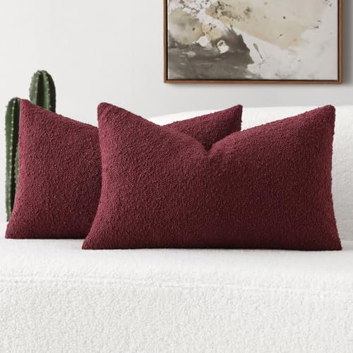 FUTEI Pack of 2 Burgundy Decorative Throw Pillow Covers 12x20 Inch Soft Cozy Solid Boucle Textured Lumbar Pillow Cases,Modern Home Decor for Couch Bed Living Room