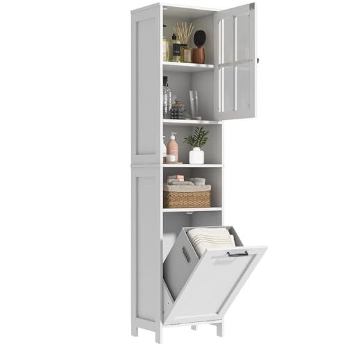 "Feonase 67.5"" Tall Bathroom Storage Cabinet with Laundry Basket, Slim Narrow Freestanding Cabinet with Adjustable Shelves for Small Space, Laundry Room, Kitchen, Living Room, Entryway, White"