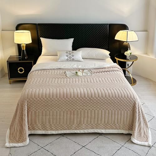 UKELER Sherpa Bed Blanket 80 ?? 90 inch, Ultra Soft Queen Size Throw Blankets for All Season, Cozy Plush Striped Fleece Blanket for Bedroom Living Room Dorm Hostel Sofa Camping, Camel