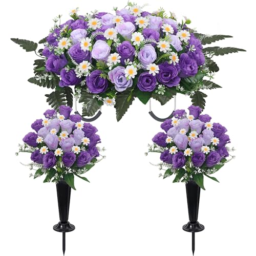 Wocst Headstone Flower Saddle,Large Artificial Cemetery Flowers for Grave 2Pack Artificial Silk Roses Daisy Bouquets with Cemetery Vases for Outdoor Grave Decorations (Purple)