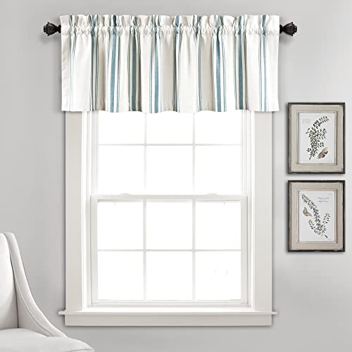 "Lush Decor Farmhouse Stripe Yarn Dyed Recycled Cotton Window Curtain Valance, 18"" L x 52"" W, Blue - Classic Modern Rustic Charm - Eco Friendly Cotton Fabric"